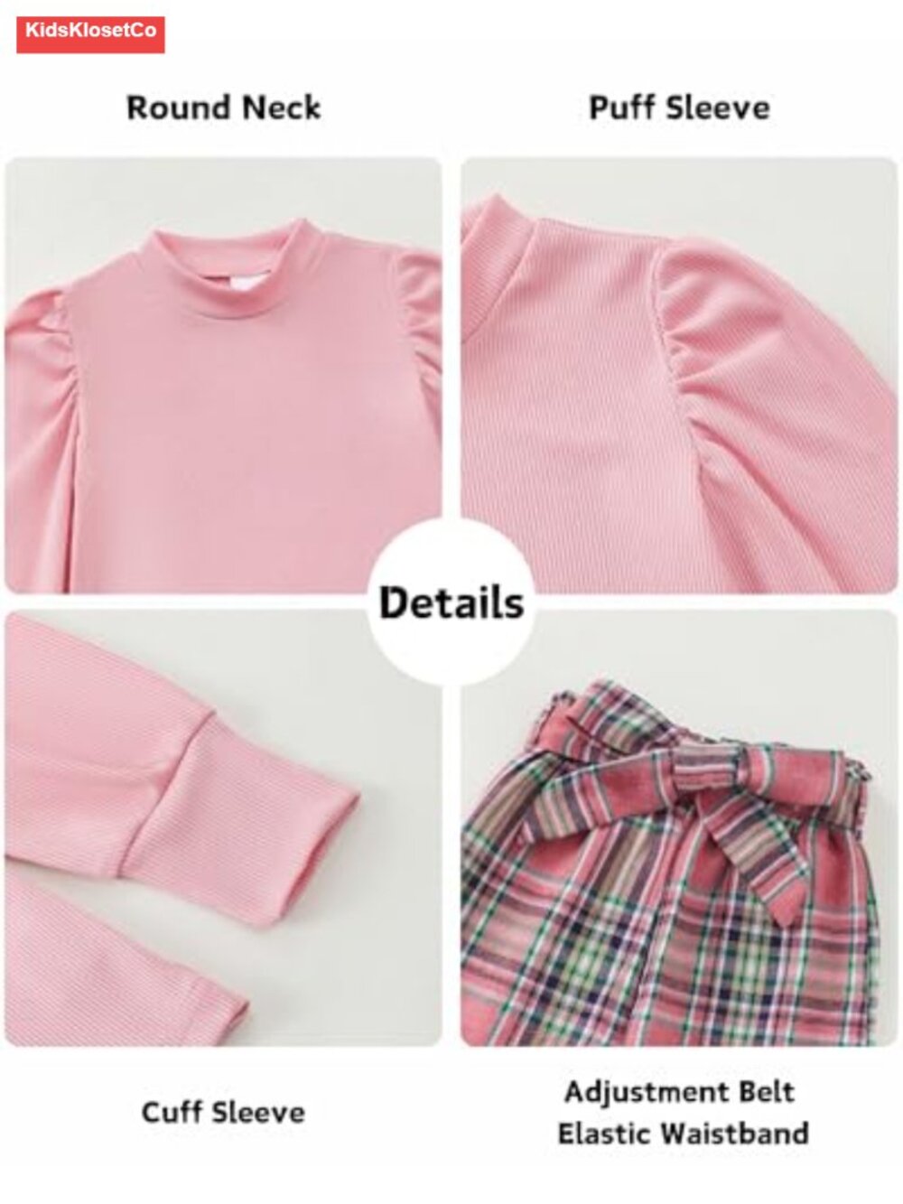 Girls Plaid 2 Piece Outfit Set Puff Sleeve Pullover and Pants Kids Clothing - Picture 3 of 6